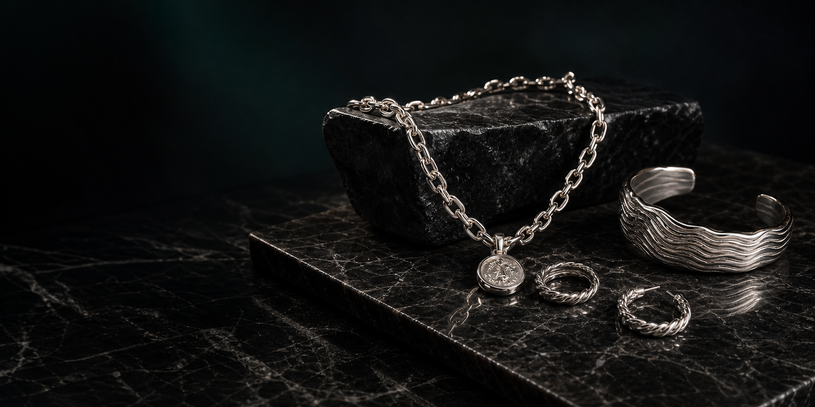 Dark editorial jewelry still life