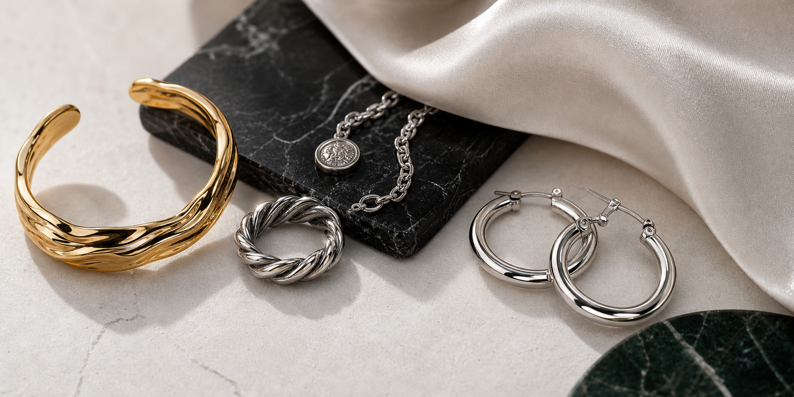 Polished jewelry materials on stone and silk